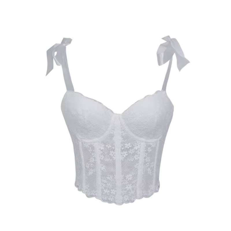 Corset en dentelle transparente à baleines pour femme, bustier rembourré à lacets, haut moulant élég