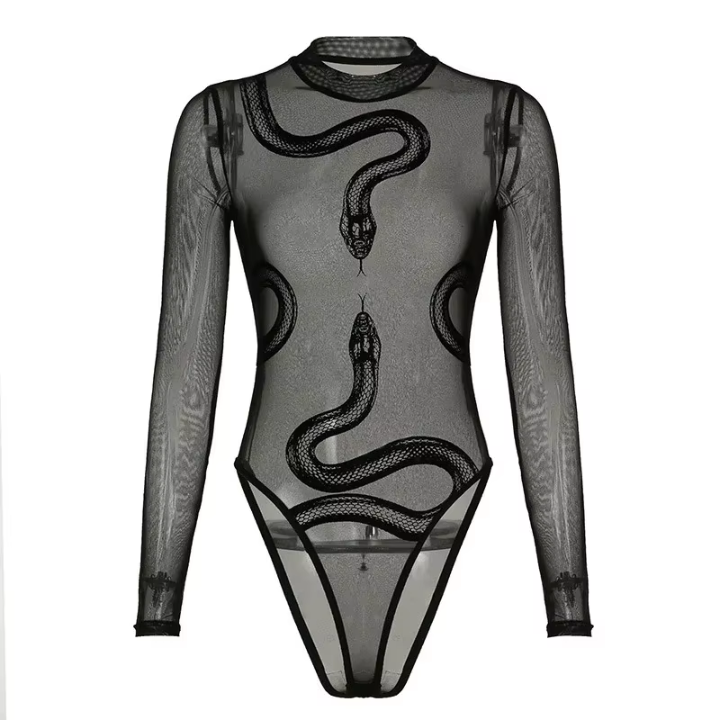 Combinaison en maille transparente à imprimé serpent noir pour femme, manches longues, col montant,