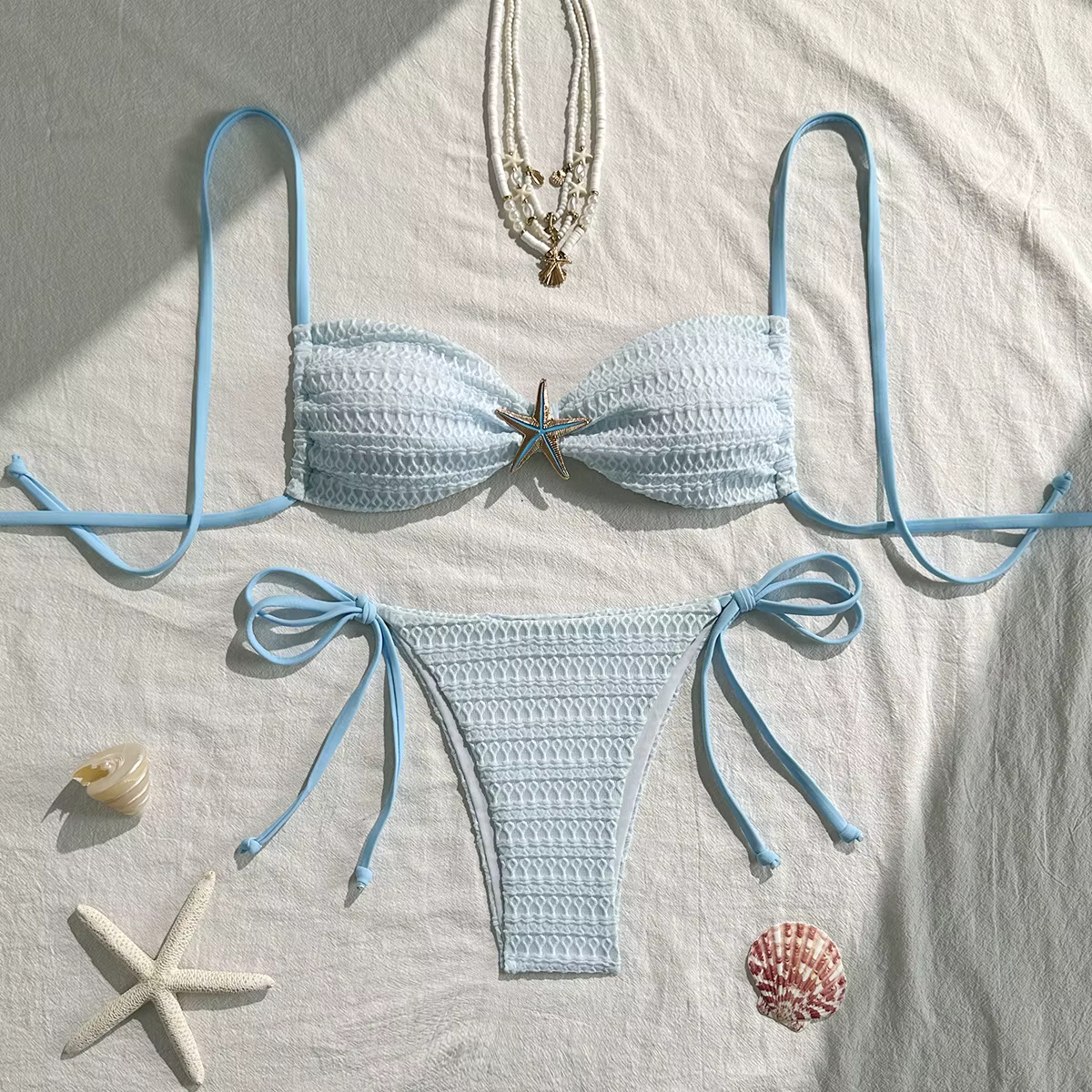 Sexy bleu ciel Micro Bikini 2026 femmes métal étoile de mer ornement plissé Push Up cravate côté str