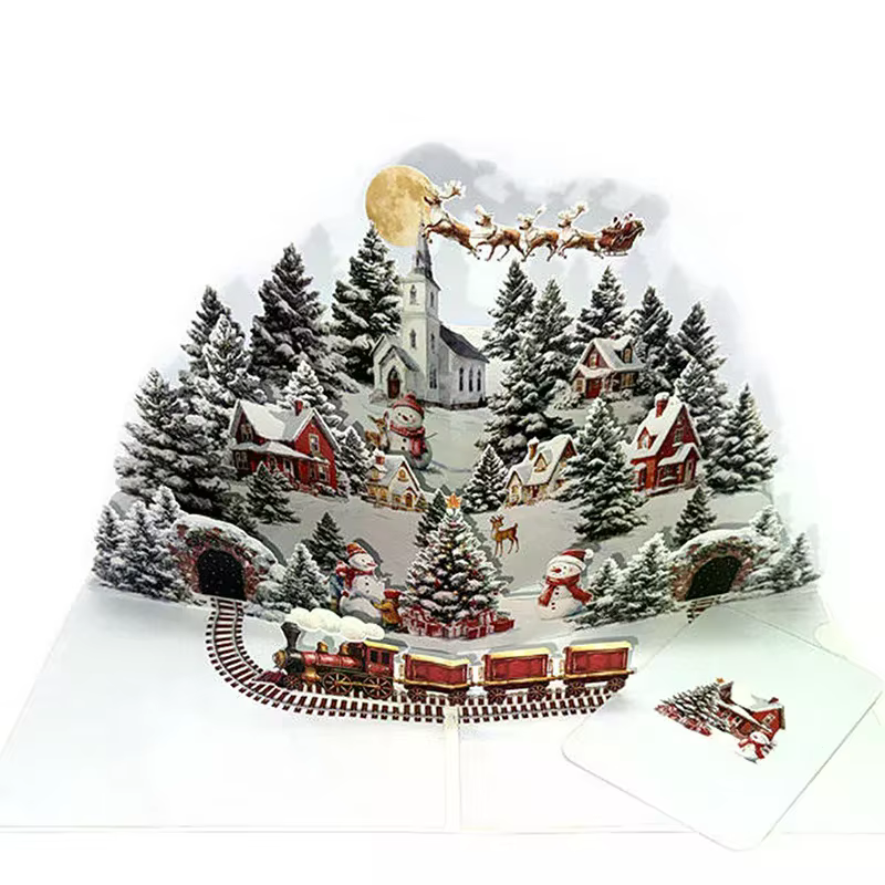 Carte de noël 3D, scène de nuit avant noël avec père noël, renne, Village enneigé et ciel clair de l
