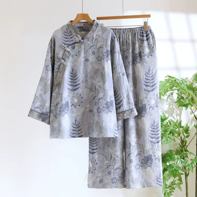 Ensemble pyjama en coton Jacquard pour femmes, Style Zen, respirant, 2 pièces, vêtements de maison, 