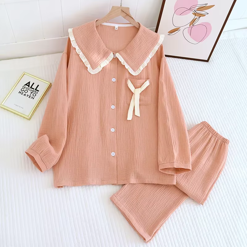 Pyjama en crêpe de coton pour femmes, joli pantalon à manches longues, deux pièces, vêtements de mai